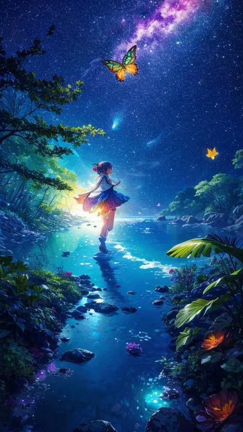 Cute girl characters、Describe the scene of leaf butterflies flying on the water, Looking at the stars. Surround her with colorful nebulae and colorful forests.