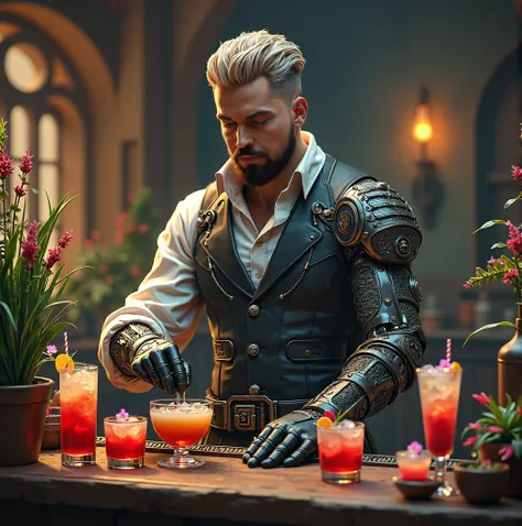 Human with half cyborg body , short social hair gradient , well-groomed beard : Barman Medieval, Drinks exoticos, Rare plants ,Colorful syrups on the table, Serving Intergalactic Drinks.