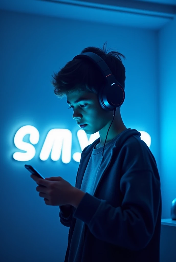 A boy who lookin a mobile, and gaming headphone on his head, in background blue mood show of beauty, and on background a 3d name i.e.-  Raj Kumar Roy,