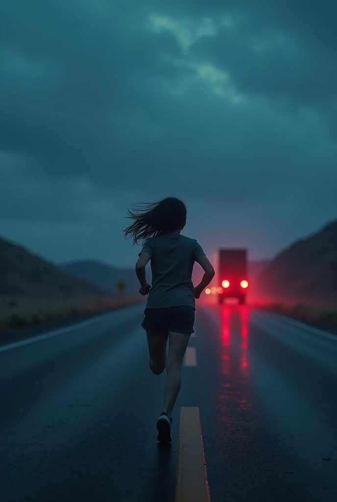 Protagonist (a girl) runs down the highway.
- Trucks headlights fade into the distance.
- Darkness swallows everything.
- Colors: Dark blues, purples.