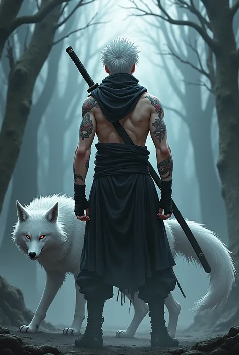 anime boy in a ninja outfit that exposes his arms , with two legendary katanas on his back , on one arm he has a wolf tattoo going down his arm , on the other arm he has a dragon tattoo going down his arm,in the background , he is standing at a forbidden t...