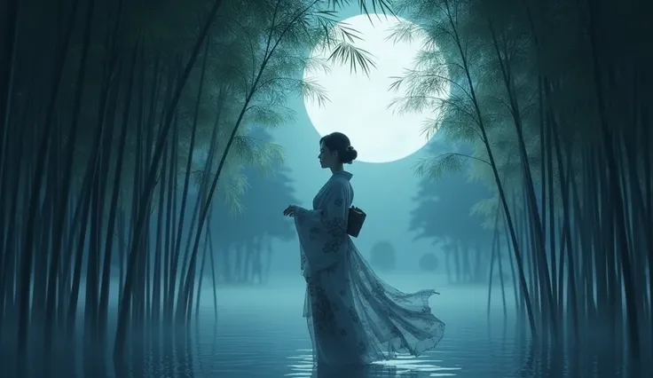 Bamboo Forest,Moonlight, woman in kimono