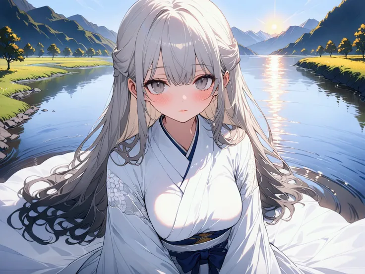 (pale white-silver hair), (flowing straight hair), shoulder-length hair, (half updo), subtle waves, gentle breeze, delicate round face, soft skin, (large gentle gray eyes), (deep gaze), petite body, traditional hakama, white hakama, pastel flower pattern, ...