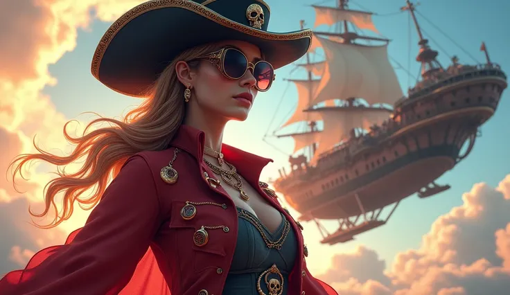 40yo,future sky pirate、airship,stylish design, The strongest girl sky pirate in history, cute lovely pirate skull, Stylish sunglasses, Fashionable hats, beautiful flower, highest quality、pirate airship,  dynamic pose, HDR, Detailed details, fashion, cinema...