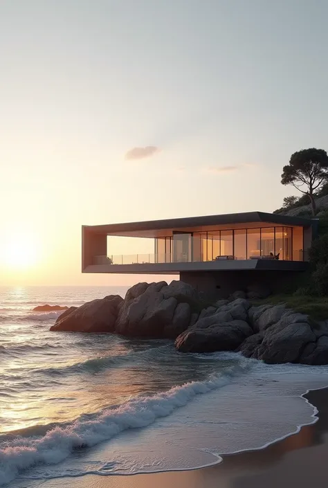 generates a beautiful house, avant-garde, single storey, that is on the beach at dawn