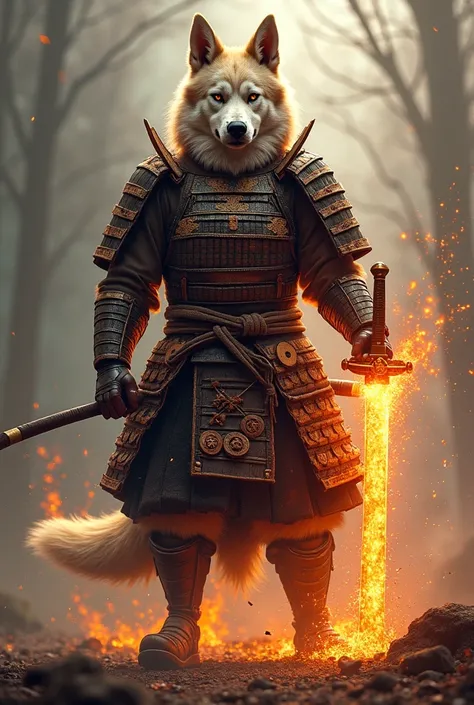 A dog dressed as a samurai holds a sword、The sword is on fire。