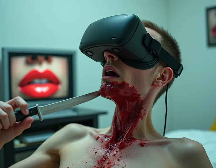 A bright, white, empty, impersonal room. A close-up shot of a mans face, his eyes hidden behind a VR game headset, captures a surreal scene from the front as he plunges the sharp blade of a shiny silver survival knife into his own throat, slicing his neck ...