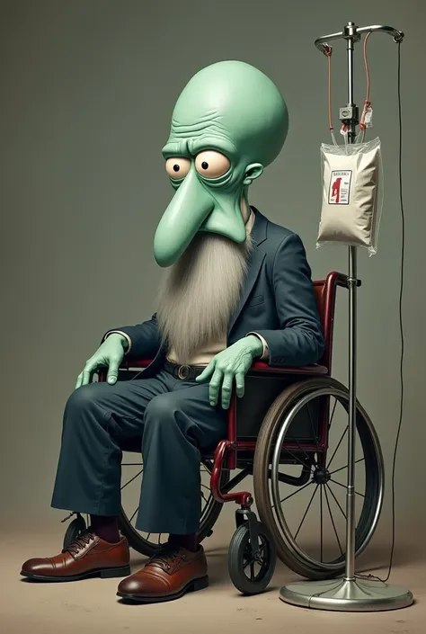 president of brazil, squidward, senior citizen, bearded, wheelchair, IV stand next to, 