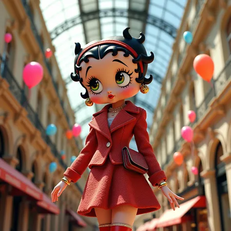 Betty boop, wearing “ Chanel “ classic twist jacket and dress, “ chanel “ boots, “ Chanel “ headband, wearing “ Chanel “ earrings，necklaces and handbag, The background is the most beautiful round arched colorful ceiling of &quot;Galleries Lafayette in Pari...