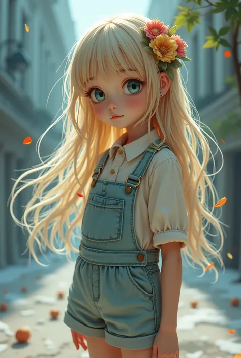 An  adopted girl, blonde with long hair and a flower arrangement on her head with a really cool hairstyle and paradise-colored eyes, fair skin and wears a mini dungaree with a blouse and a delicate little shoe and at the Guardian Protectors school. A littl...