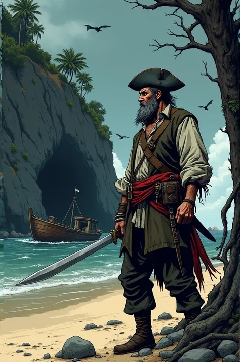 make a pirate looking looking towards a cave on an island and wooden boat that shipwrecked on the island. All in a dark comic style 