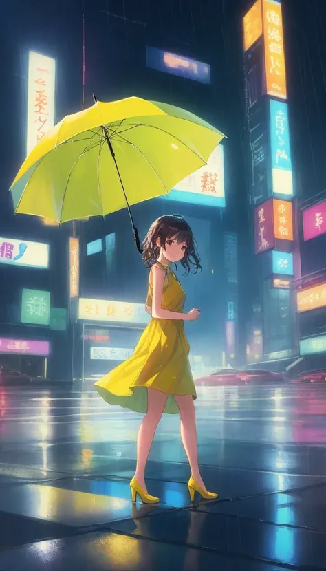 In a kaleidoscope of neon raindrops、Girl is easy々Rotate with, Her umbrella abandoned on the wet pavement. The brightly colored rainstorm、She creates a mesmerizing backdrop as she twirls and bounces to the rhythm, Her bright yellow dress、It shines with ever...