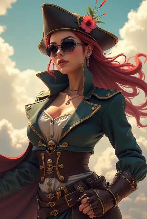 40yo,future sky pirate、airship,stylish design, The strongest girl sky pirate in history, cute lovely pirate skull, Stylish sunglasses, Fashionable hats, beautiful flower, highest quality、pirate airship,  dynamic pose, HDR, Detailed details, fashion, cinema...