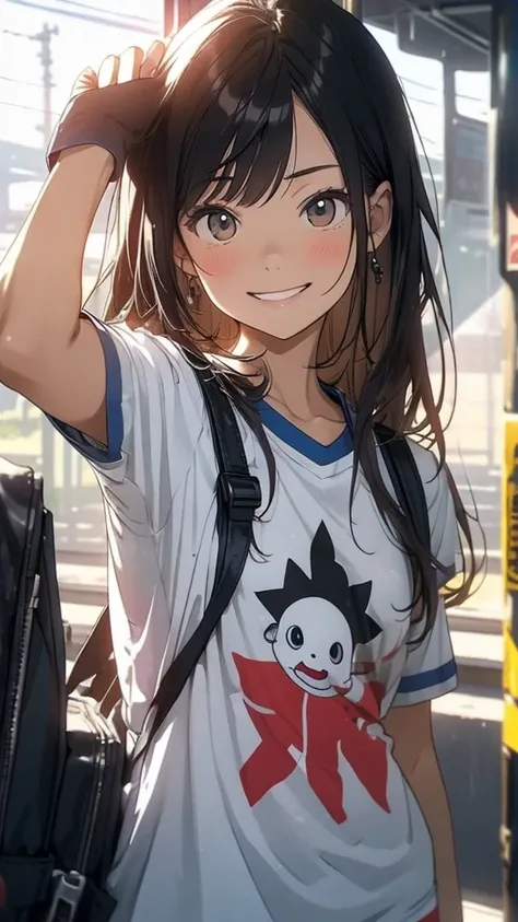 Railway YouTuber, Selfie, Cute Hong Kong girl captured on GoPro camera, 田舎で鉄道駅舎をバックにSelfie, Wearing a T-shirt with a character on it, Hiker Style, Have a backpack, smile, Sharp soft lighting, Fisheye Lens,