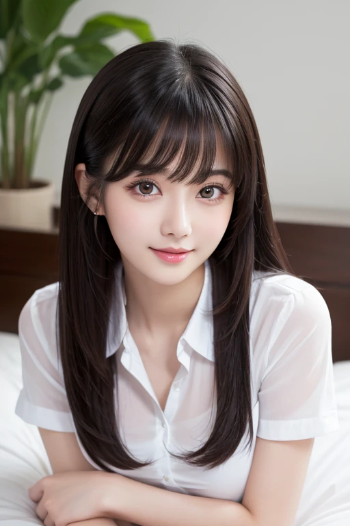 Best Quality, Realistic, Very detailed, finely, High resolution, 8K wallpaper, One beautiful woman,Attractive girl, Adorable detailed face,sitting,Attractive girl, Detailed big eyes、Big cute eyes、Perfect body,White Shirt,Very long black hair,(blunt bangs1....