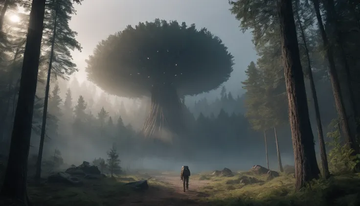 Ultra-realistic scene of **Jack Harper** walking back to the camp through the dense, misty forest of **Cline**. His face shows exhaustion but also determination. The towering alien trees cast long shadows, and the air is thick with humidity. Jack’s clothes...