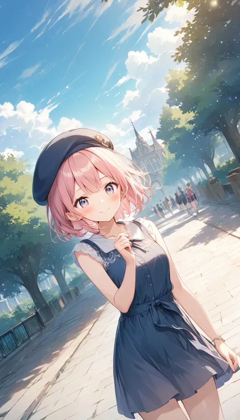 Pink Hair（Longer sides）、Wear a beret、Wear a dress、Short Hair、8k wallpaper、Detailed Background、Maximum resolution、Outdoor, day, Simple Background, Blue Sky,  (One Girl, Alone:1.2), cute, smile, Detailed Background, (View your audience, Alone focus:1.2), Lig...