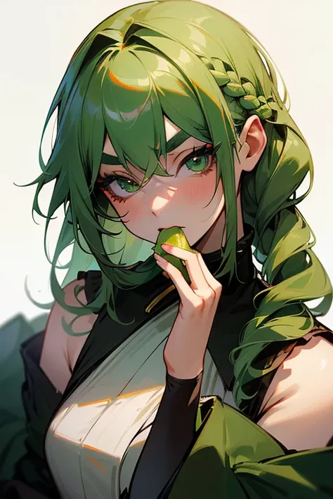 (Best Quality, masterpiece:1.2), High resolution, Very detailed, Realistic:1.37, Fantasy, shape, Green Eyes、((Green Hair)).Queen Platinum Decoration、beautifully、Eyeshadow Red、Thick eyebrows、Long eyelashes、The student is black、((Her hair is bright green)).E...