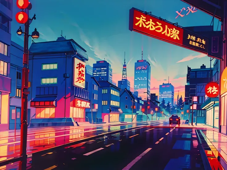 1990s japanese landscapes for anime backgrounds、scenery of downtown tokyo、nostalgic、retro、retro electronic furniture、retro desig...