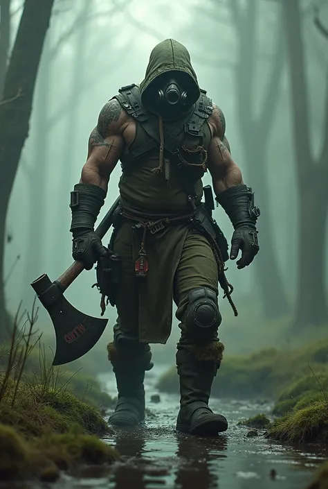 A warrior with an axe wearing a gas mask Word "QRTN" Featured Swamp Background 
