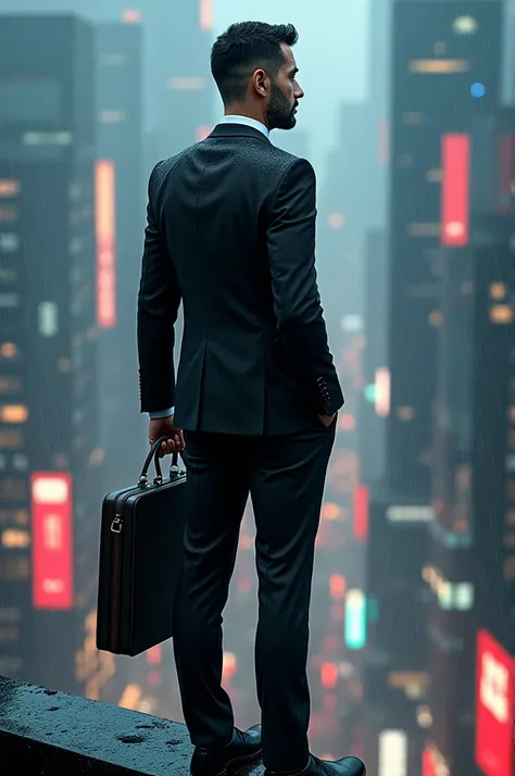 A man wearing a black suit holding a briefcase standing on a tall building in a cyber city in rain at night 