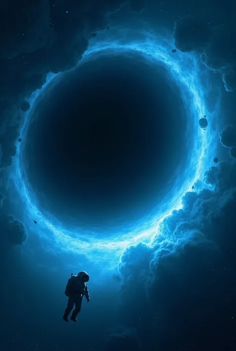 Astronaut flaying near bright black hole 
Use full back hole place the human near he blackhole ring make him smaller and black hole in blue 