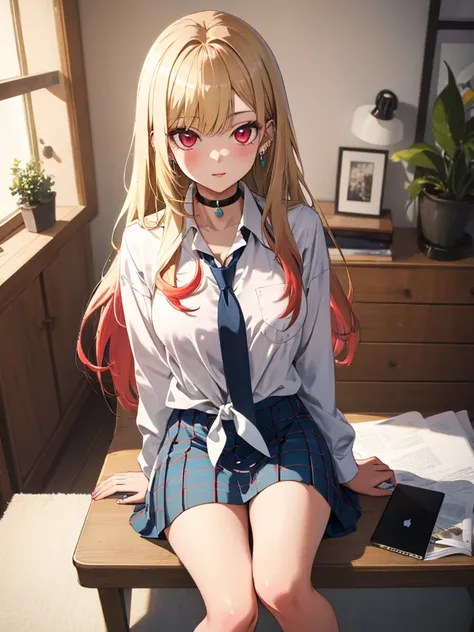 Red High Heels, Sit on a chair, (masterpiece), highest quality, Kitagawa Marin, 1girl, blonde hair, long hair, multicolored hair, red eyes, jewelry, earrings, piercing, white shirt, tied shirt, black choker, blue necktie, plaid skirt, UHD, retina, masterpi...