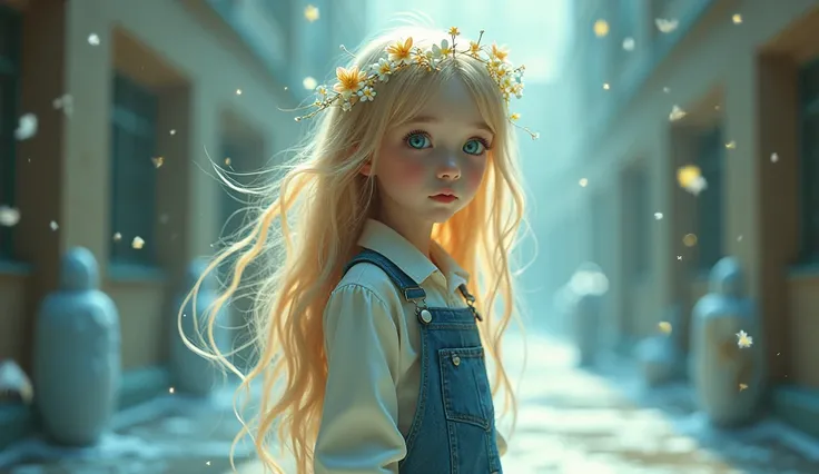 An  adopted girl, blonde with long hair and a flower arrangement on her head with a really cool hairstyle and paradise-colored eyes, fair skin and wears a mini dungaree with a blouse and a delicate little shoe and at the Guardian Protectors school. A littl...