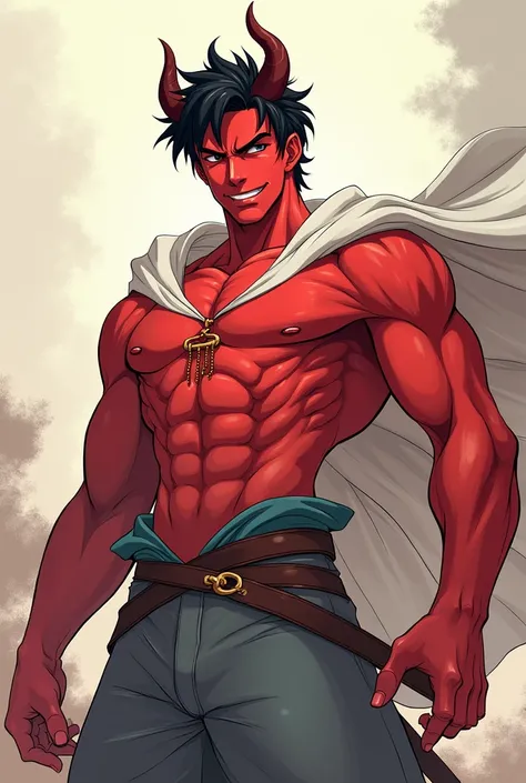 a red-skinned warrior with small horns on his forehead, shirtless, thin but muscular, with short, messy black hair wearing a white cape, smiling in anime style