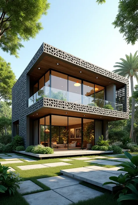 generates an image of a house in a city, with many trees and plants, that there is a shopping center. The house must be modern two-story, The building material must be lattice, with glass windows and a large garden