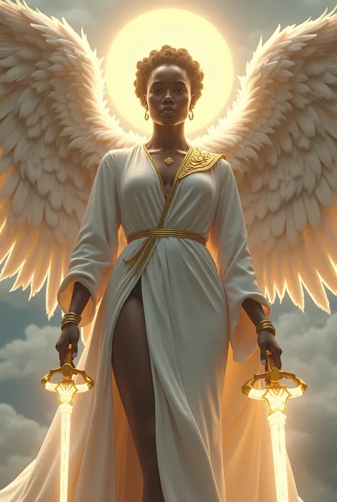 Big booty African female wearing white and gold with wings and halo holding a crystal sword 