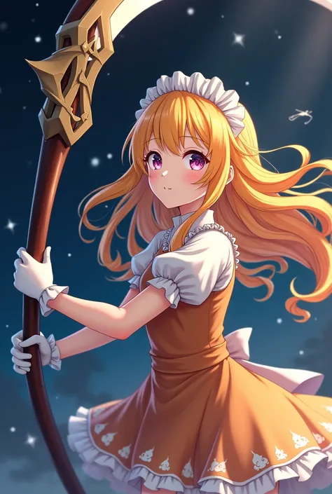 Yellow and orange long hair anime girl，White Gloves，short skirt dress，Night Sky，giant scythe