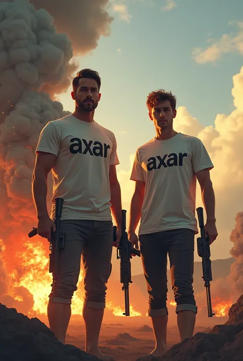 Create a pic of two brothers on his t shirt written as Axar 💜🅐🅡🅜🅨⁷⟬⟭💜 and they saved world from danger they have a ak47 and they are going to save world from danger means they are on mission on the background the explosion make the photo aesthetic