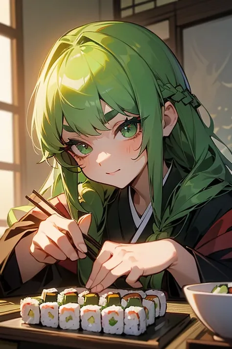 (Best Quality, masterpiece:1.2), High resolution, Very detailed, Realistic:1.37, Fantasy, shape, Green Eyes、((Green Hair)).Queen Platinum Decoration、beautifully、Eyeshadow Red、Thick eyebrows、Long eyelashes、The student is black、((Her hair is bright green)).E...