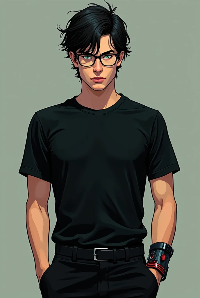 serious style, the whole look, Serious comic book style, in a serious pose Alex Polish boy, szczupły, a twenty-year-old boy with dark wavy fringe hair and piercing, szaro-zielonych oczach. Dressed in a plain black T-shirt tucked into elegant black trousers...