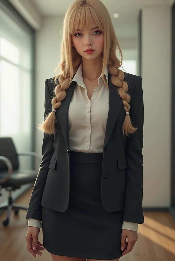 masterpiece, best quality, 1 girl, solo, teenager, large breasts, light brown eyes, bangs, brond hair, braids hair, office staff suit, jacket, pencil skirt, upper body, standing, office