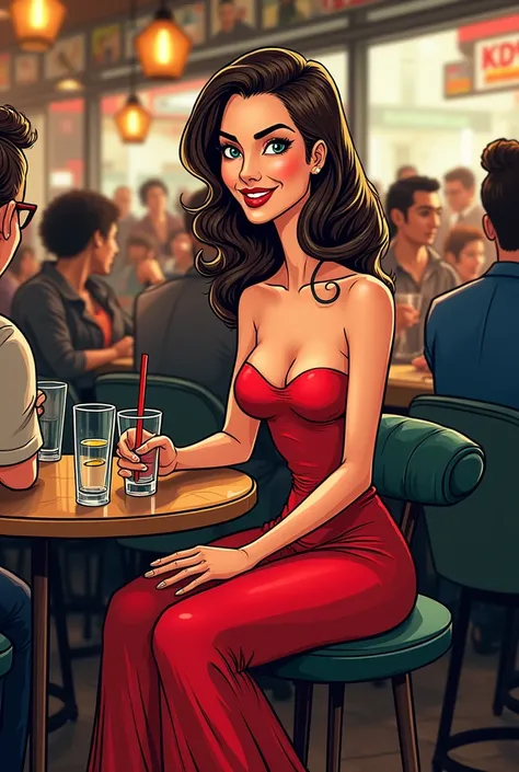 Make an image of a woman inside a crowded establishment and sitting.cartoon