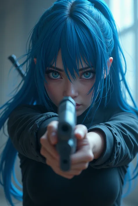 long blue hair anime girl with gun