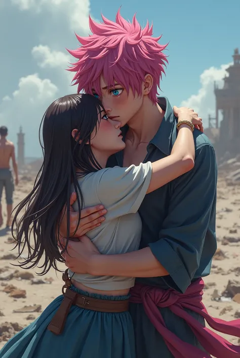 Haruto with pink hair and blue eyes wins the battle and leaves crying a lot with his dead girlfriend in his arms 
