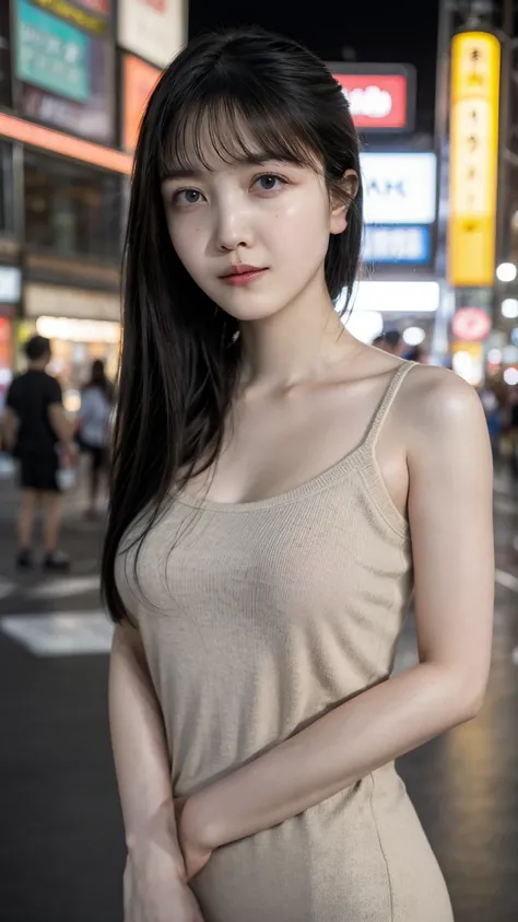 single girl, summer, city, osaka street, evening, city lights, medium body shot, close-up, 8k, raw photo, highest quality, maste...