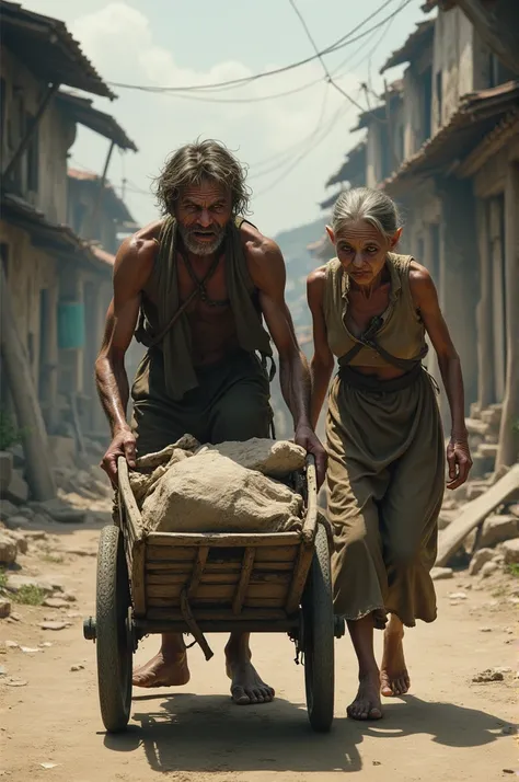 The image of a poor, ragged man pushing a cart and a skinny, sickly woman helping him pull the cart. They were in Vietnam in 1945.