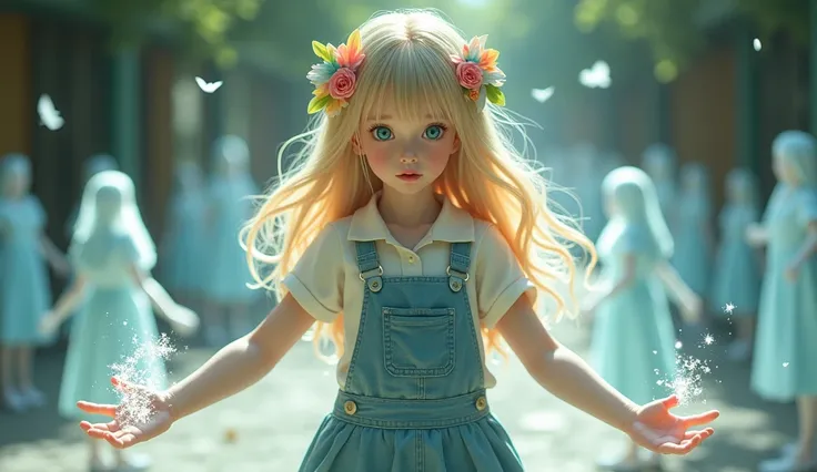 An  adopted girl, blonde with long hair and a flower arrangement on her head with a really cool hairstyle and paradise-colored eyes, fair skin and wears a mini dungaree with a blouse and a delicate little shoe and at the Guardian Protectors school. A littl...