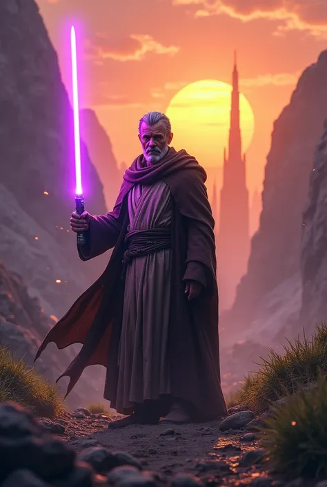 Creates an ultra-realistic and stunning image of a Jedi man, capturing the essence of the Star Wars universe. The Jedi, a figure of quiet strength and determination, stands with a glowing Violet lightsaber ignited, its glow casting a soft, ethereal light o...