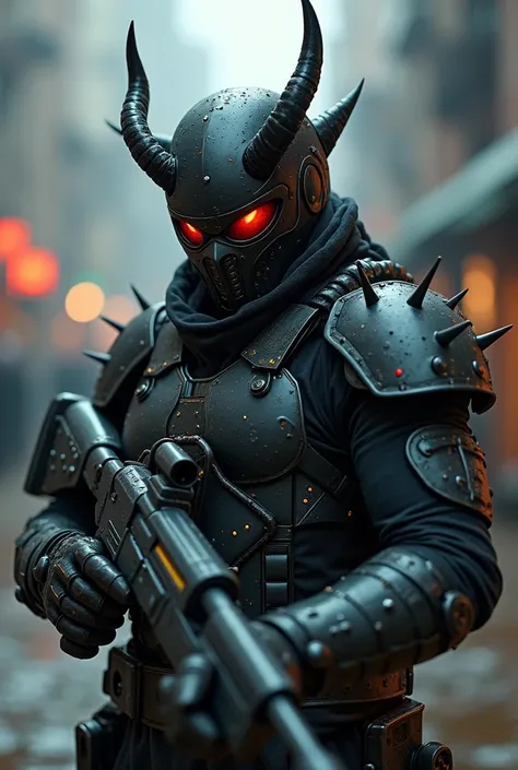 cinematic scene of a cyberpunk style warrior, with state-of-the-art oni-style robotic mask  , Fierce, glowing robotic eyes with state-of-the-art metal armor,with tactical black robotic metal spikes, carrying a shotgun  , warlike and decadent background, Hy...