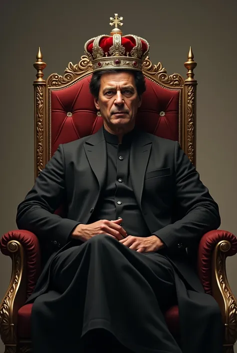 Imran Khan former prime minister of Pakistan wearing black pent coat sitting on king chair and wearing crown 