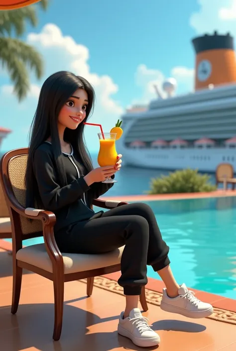 Girl in her 20’s, long black straight hair, wearing black sweatsuit with white sneakers, having piña colada at restaurant by pool at large cruise ship . Pixar 