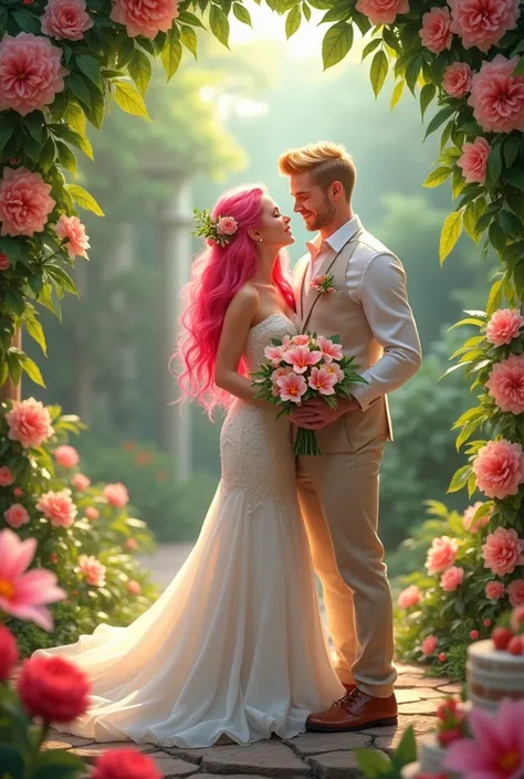 wedding、Mermaid Dress、Pink haired bride、Blonde groom、Bouquet of plumeria、Two people who look happy、Garden Party、Strawberry wedding cake