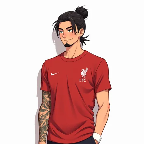 A handsome young man with a slight beard at the tip of his chin. There is a tattoo on the arm. Long hair tied into a bun Smiling in Toriyama Akira style, wearing a red Liverpool shirt. Wear a white wristband white background Standing wearing a Liverpool sh...