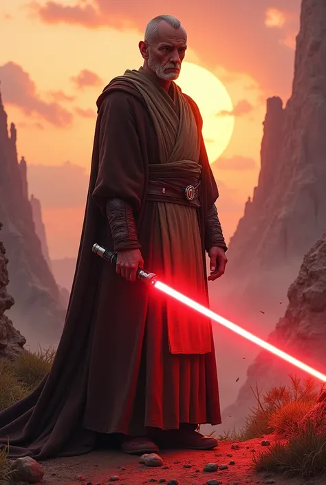 Creates an ultra-realistic and stunning image of a Jedi man, capturing the essence of the Star Wars universe. The Jedi, a figure of quiet strength and determination, stands with a glowing red lightsaber ignited, its glow casting a soft, ethereal light over...