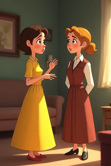 animated picture of mabel waring wearing a yellow dress looking anxious talking to mrs. holman in the story the new dress